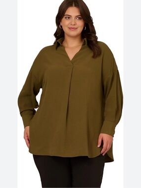 Adrianna Papell Olive Green V-Neck Collared Tunic